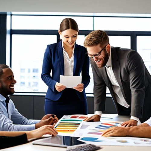 Home 4 ** Empowered employees in a modern office setting, collaborating and innovating. Depict a diverse team with a strong sense of trust and teamwork. Focus on positive energy and open communication.
**